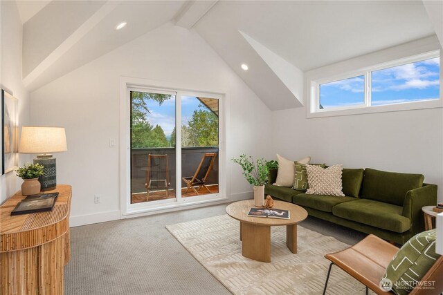 carpeted living area with lofted ceiling with beams, recessed lighting, and baseboards