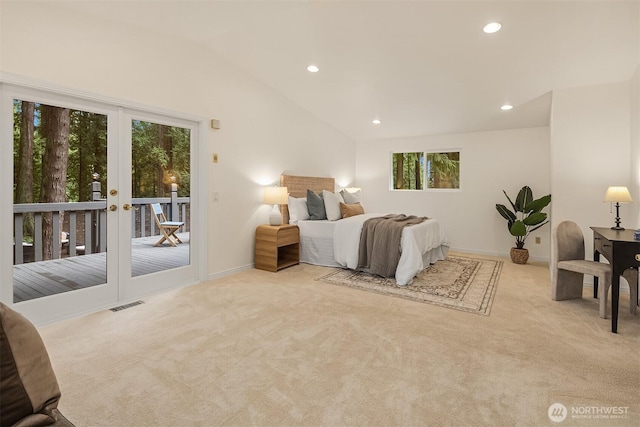 bedroom with visible vents, lofted ceiling, carpet floors, recessed lighting, and access to outside