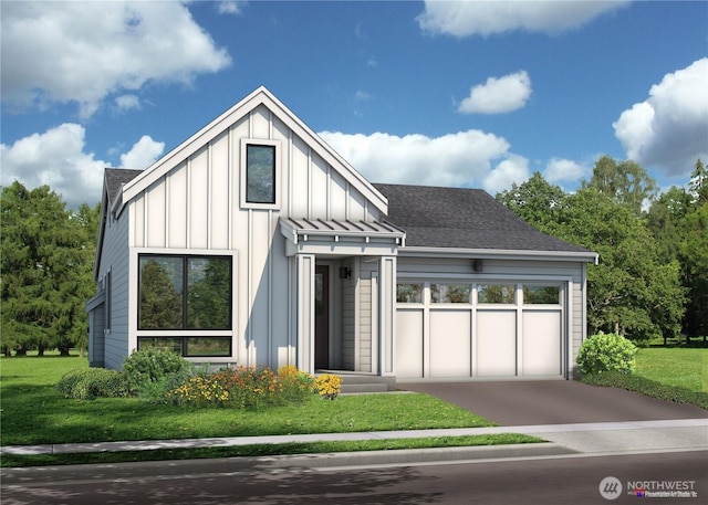 modern farmhouse style home featuring board and batten siding, a shingled roof, a front lawn, concrete driveway, and a garage