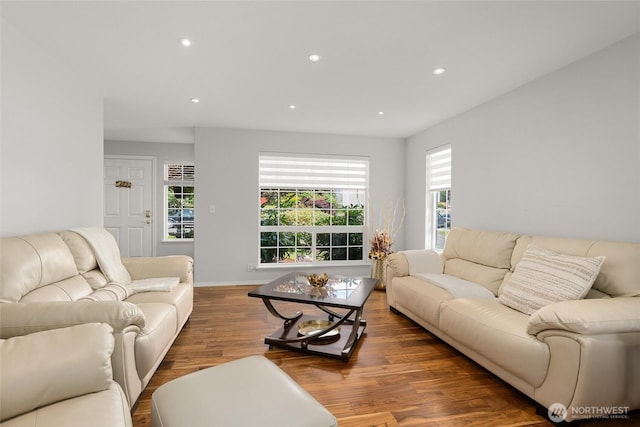 19013 112th Pl SE, Renton, WA 98055 - living room featuring recessed lighting, wood finished floors, and baseboards