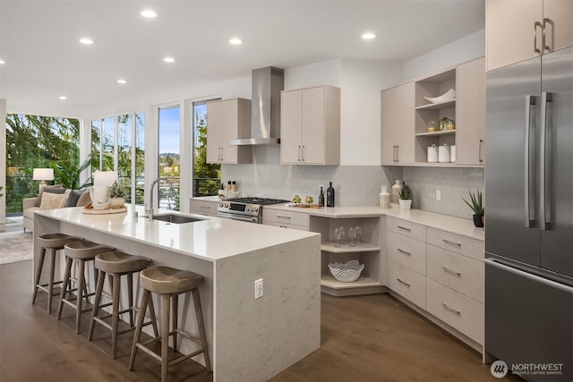 kitchen featuring open shelves, wall chimney exhaust hood, appliances with stainless steel finishes, and a sink