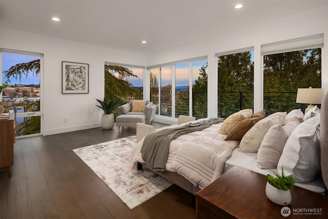 bedroom featuring recessed lighting, multiple windows, baseboards, and dark wood-style floors