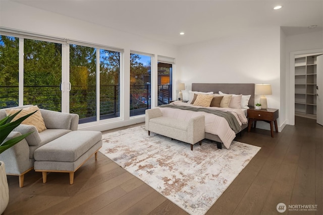 bedroom featuring a walk in closet, multiple windows, recessed lighting, and dark wood-style flooring