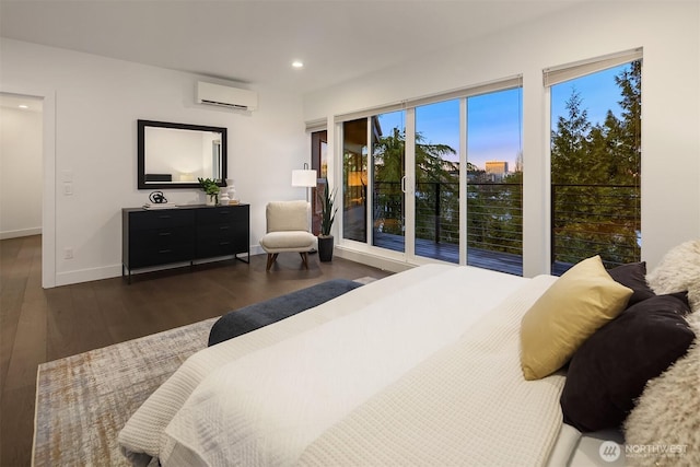 bedroom featuring recessed lighting, a wall mounted air conditioner, baseboards, and wood finished floors