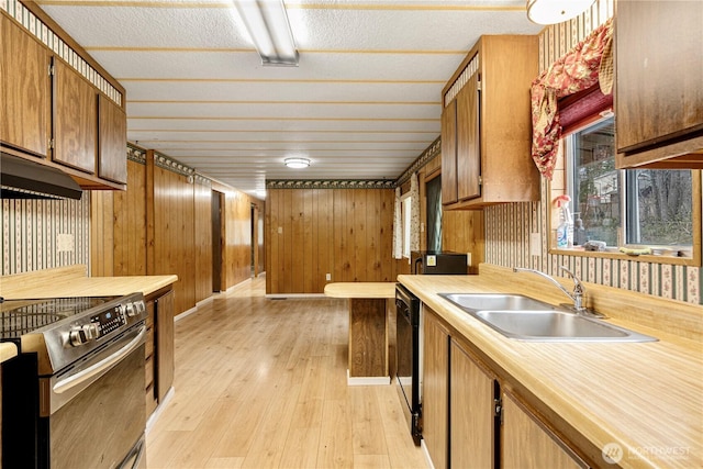 kitchen featuring a sink, stainless steel range with electric cooktop, light wood-style floors, brown cabinetry, and light countertops