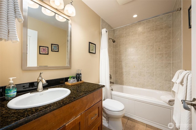 bathroom with tile patterned flooring, toilet, shower / bath combo, recessed lighting, and vanity