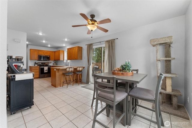 dining room featuring light tile patterned floors, recessed lighting, and ceiling fan