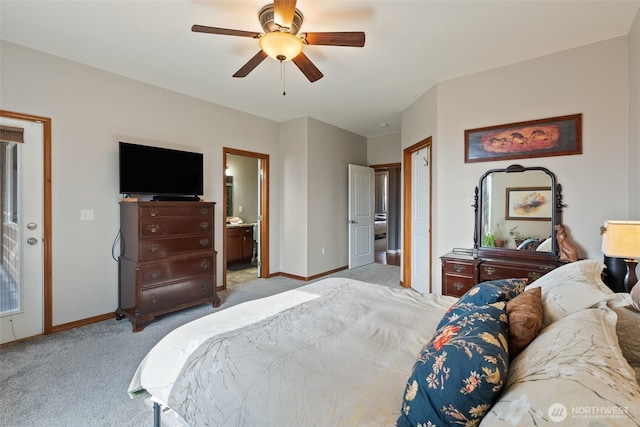 bedroom featuring a ceiling fan, carpet, baseboards, and connected bathroom