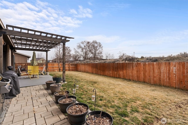 view of yard featuring a patio, a fenced backyard, and a pergola