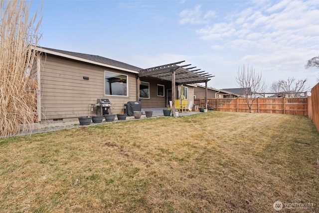 rear view of house with fence, crawl space, a lawn, a patio area, and a pergola