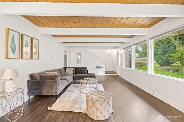 living room with beam ceiling, dark wood-style floors, wood ceiling, and baseboards