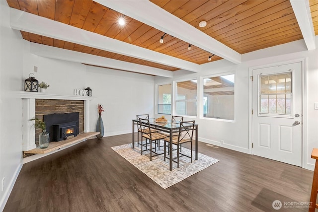 dining room featuring dark wood-style floors, wooden ceiling, and baseboards