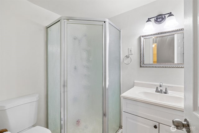 full bathroom featuring toilet, a stall shower, and vanity