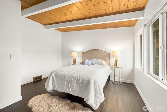 bedroom with wood finished floors, baseboards, visible vents, beam ceiling, and wooden ceiling