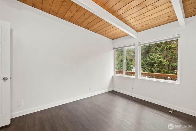 empty room featuring baseboards, wooden ceiling, and dark wood-style flooring