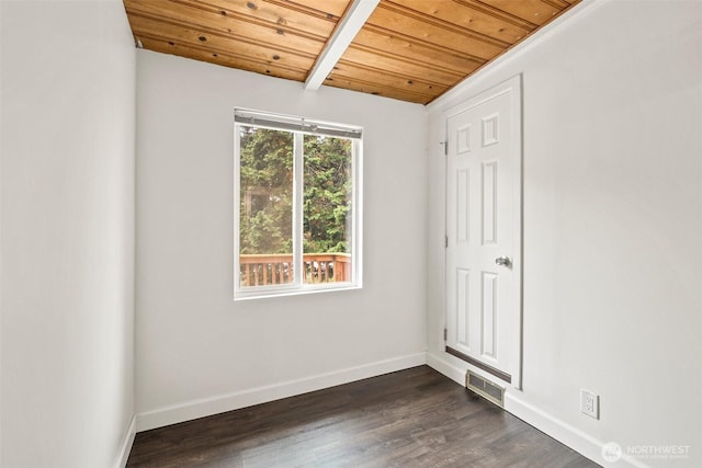 unfurnished bedroom with visible vents, baseboards, dark wood-type flooring, and wooden ceiling