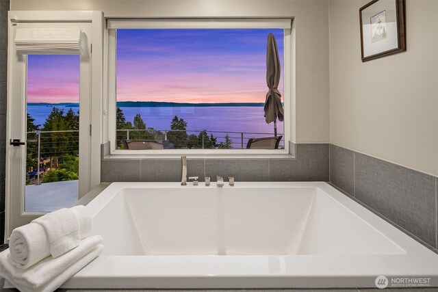 full bathroom featuring a water view and a washtub