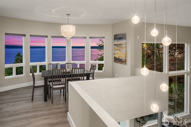 dining area with baseboards, an inviting chandelier, and wood finished floors