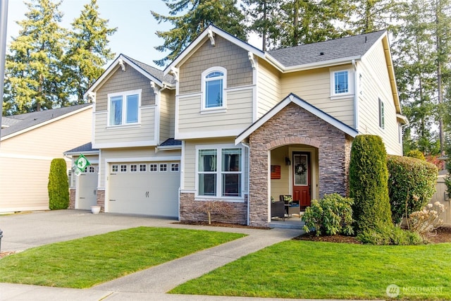 craftsman inspired home featuring an attached garage, a shingled roof, a front yard, stone siding, and driveway