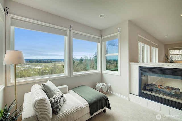 sitting room with baseboards, carpet floors, and a multi sided fireplace