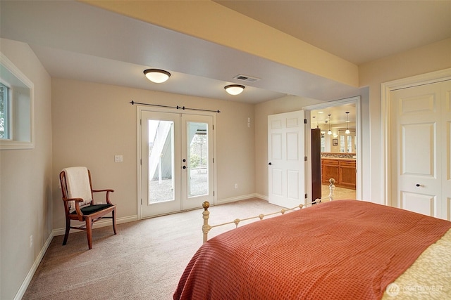 bedroom with visible vents, french doors, baseboards, light colored carpet, and access to exterior