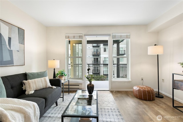 living area featuring a wealth of natural light, baseboards, and wood finished floors