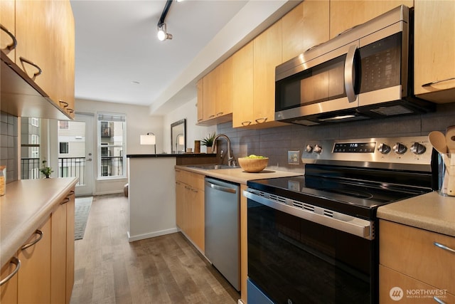 kitchen featuring light brown cabinets, a sink, wood finished floors, appliances with stainless steel finishes, and decorative backsplash