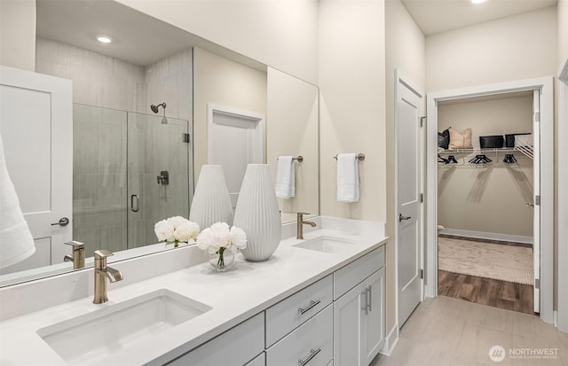 bathroom with a sink, a spacious closet, double vanity, and a shower stall