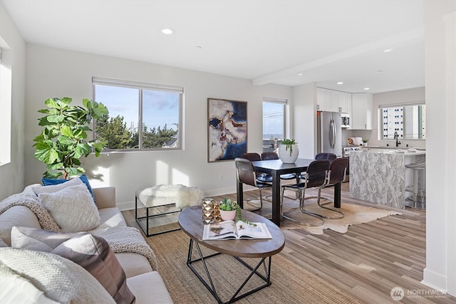 living area featuring baseboards, a healthy amount of sunlight, and light wood finished floors