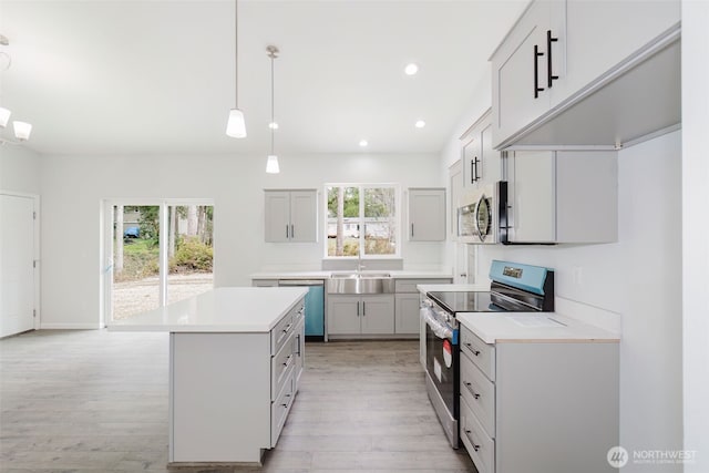 kitchen featuring a sink, light countertops, light wood finished floors, and stainless steel appliances