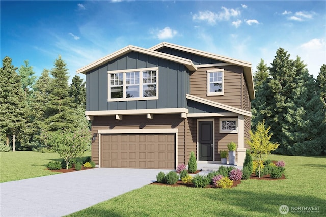 craftsman-style house featuring an attached garage, board and batten siding, concrete driveway, and a front yard