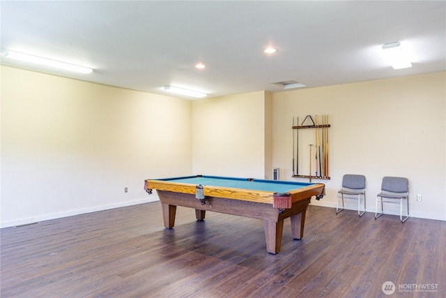 recreation room with recessed lighting, pool table, baseboards, and dark wood-style flooring