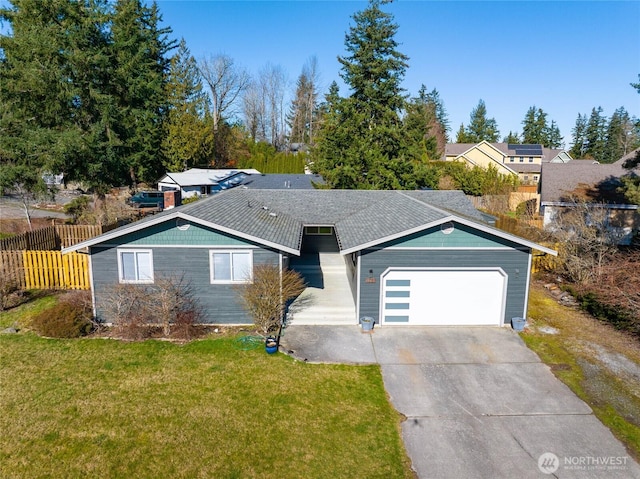 single story home with fence, driveway, a shingled roof, a front lawn, and a garage