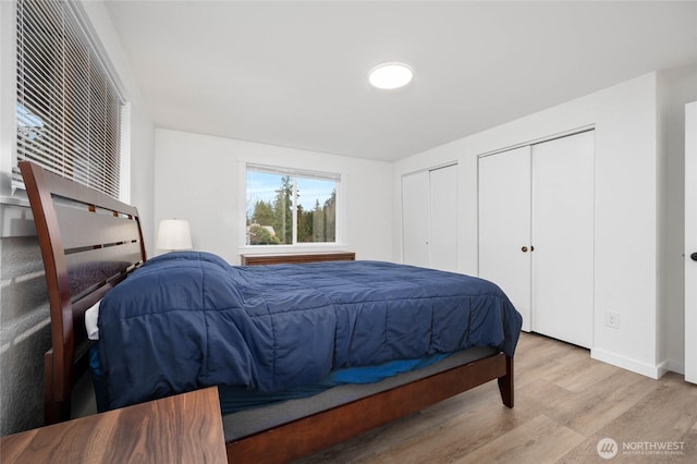 bedroom with wood finished floors and multiple closets