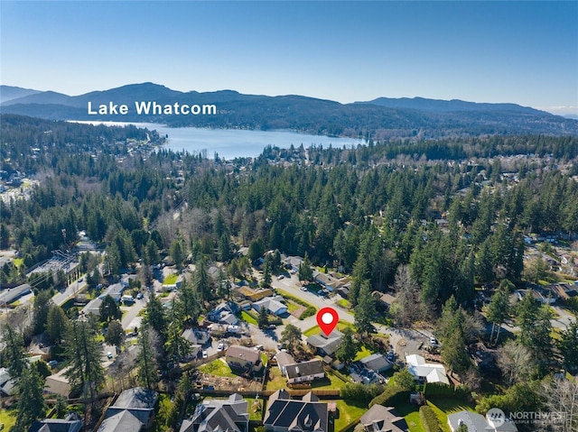 bird's eye view featuring a view of trees and a water and mountain view