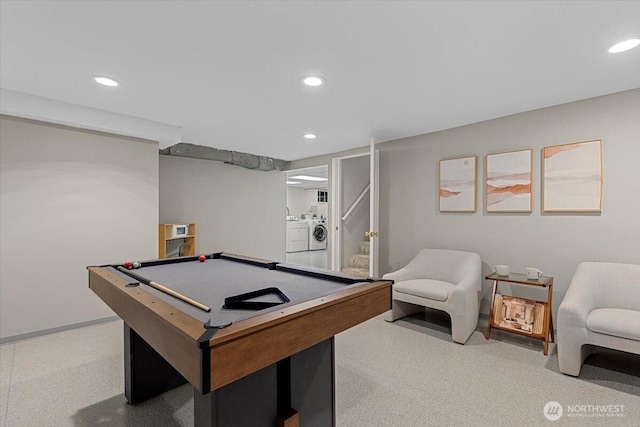 rec room featuring recessed lighting, baseboards, washing machine and dryer, and billiards