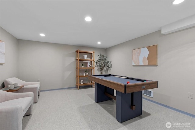 game room featuring billiards, recessed lighting, baseboards, and visible vents