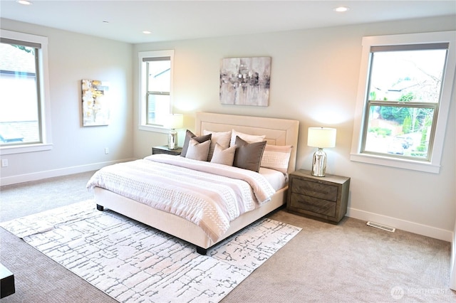 bedroom featuring recessed lighting, visible vents, carpet flooring, and baseboards