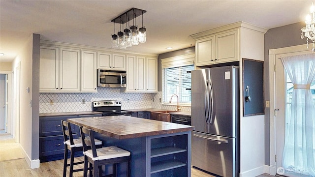 kitchen featuring tasteful backsplash, light wood finished floors, butcher block counters, appliances with stainless steel finishes, and a sink