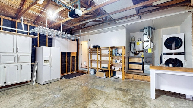 unfinished below grade area featuring stacked washer / dryer and white fridge with ice dispenser