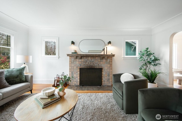 living room featuring baseboards, arched walkways, wood finished floors, and a fireplace