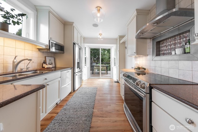 kitchen with wall chimney range hood, light wood-type flooring, decorative backsplash, stainless steel appliances, and a sink