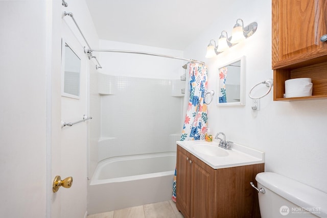 full bath with tile patterned flooring, toilet, vanity, and shower / bathtub combination with curtain