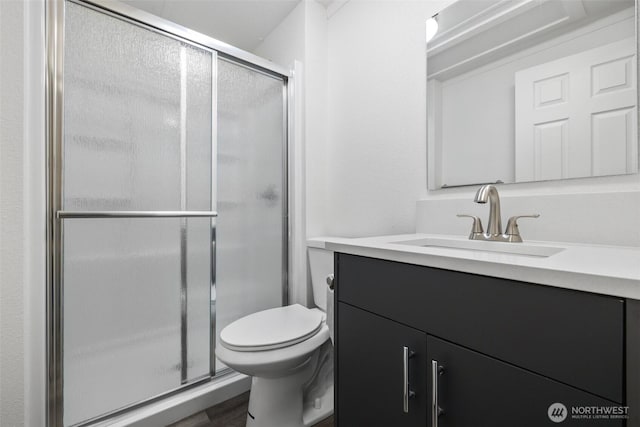 bathroom with a shower stall, vanity, toilet, and wood finished floors