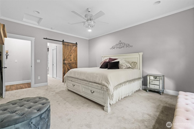 bedroom featuring attic access, carpet, a ceiling fan, baseboards, and ornamental molding