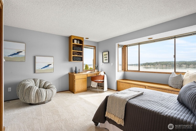 bedroom with light carpet, a textured ceiling, and baseboards