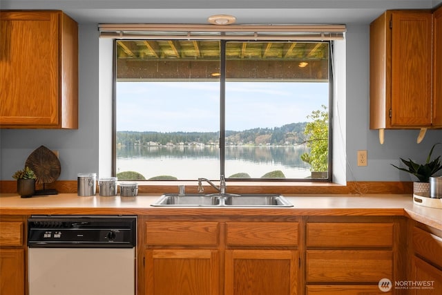 kitchen featuring a sink, a water view, brown cabinets, and light countertops