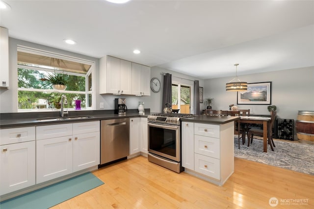 kitchen featuring light wood-style flooring, a sink, stainless steel appliances, a peninsula, and white cabinets