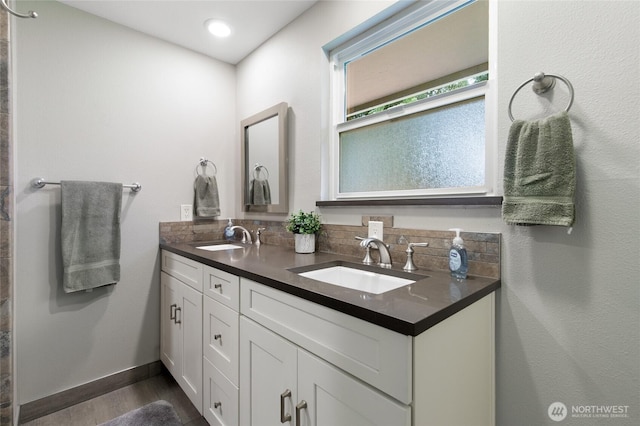 bathroom with double vanity, wood finished floors, baseboards, and a sink