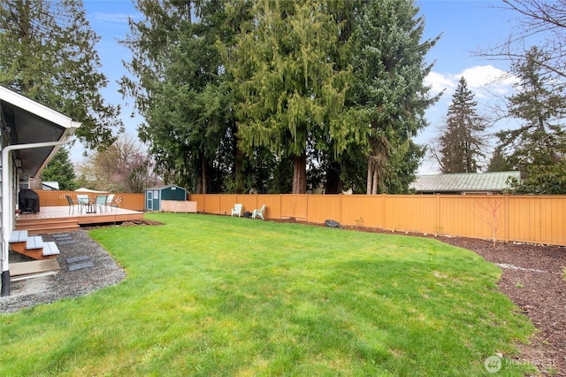 view of yard featuring a deck, an outdoor structure, a storage shed, and a fenced backyard